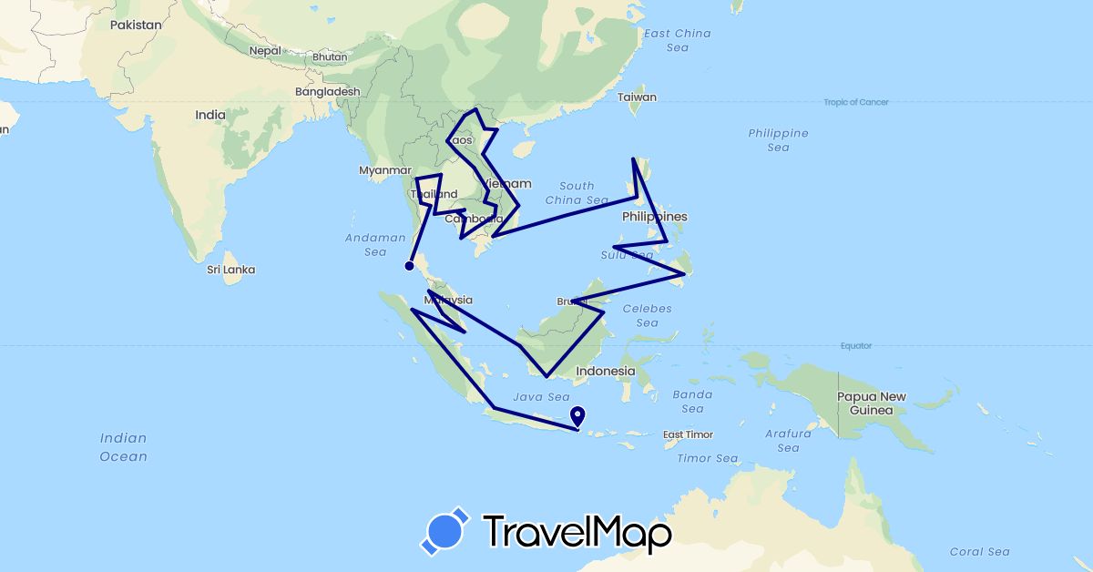 TravelMap itinerary: driving in Brunei, Indonesia, Cambodia, Laos, Malaysia, Philippines, Singapore, Thailand, Vietnam (Asia)